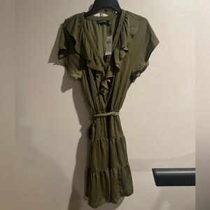 Lauren Ralph Lauren Womens Olive Green Satin Ruffle Tiered Dress Size 12 NWT